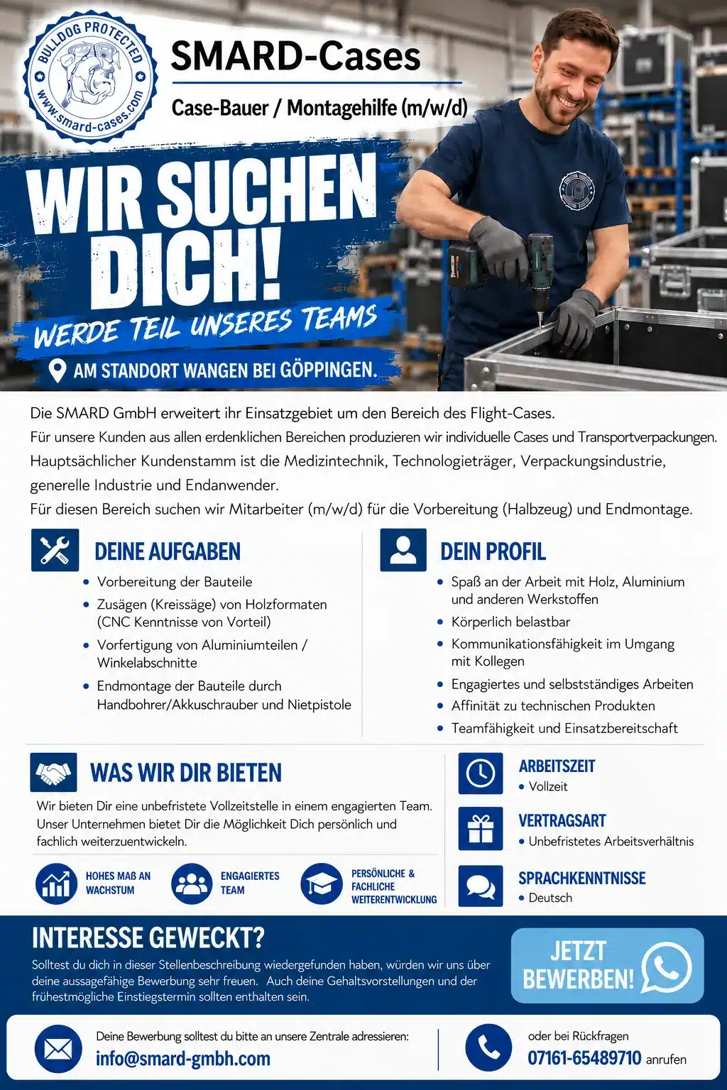 Stellenanzeige SMARD-Cases: Case-Bauer / Montagehilfe (m/w/d) in Wangen bei Göppingen, Mann mit Akkuschrauber am Case